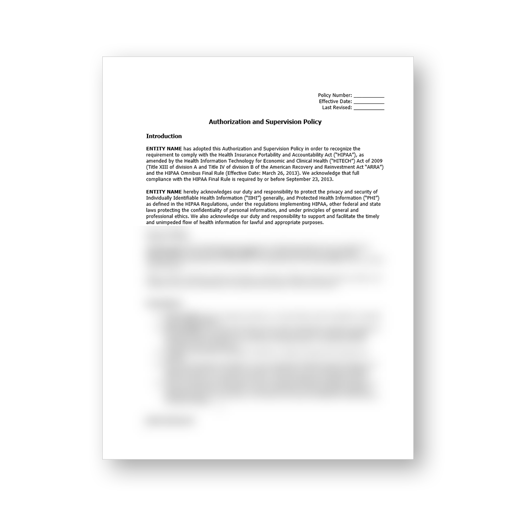HIPAA Authorization and Supervision Policy Template
