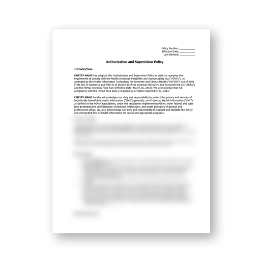 HIPAA Authorization and Supervision Policy Template